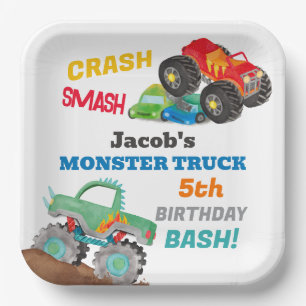 Crash Smash Monster Truck Birthday Bash Watercolor Paper Plate