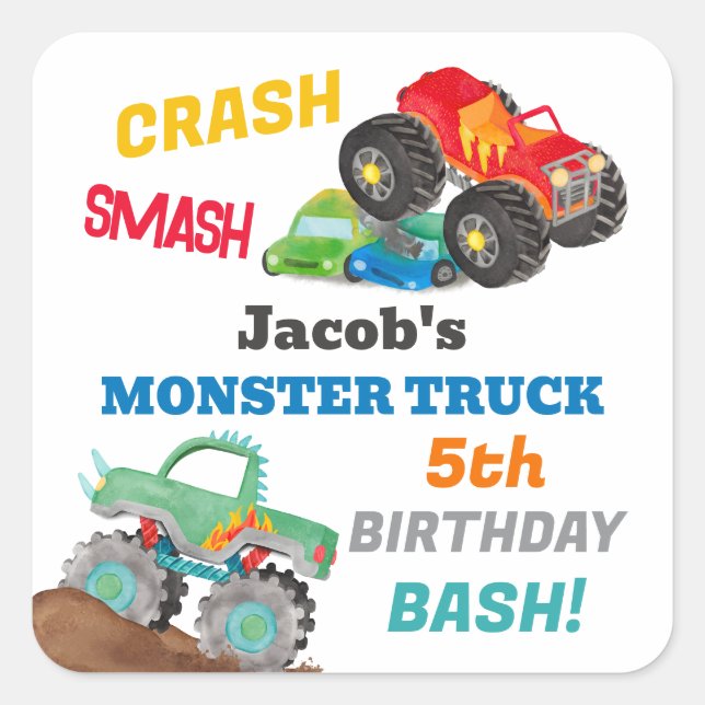 Crash Smash Monster Truck Birthday Bash Watercolor Square Sticker (Front)