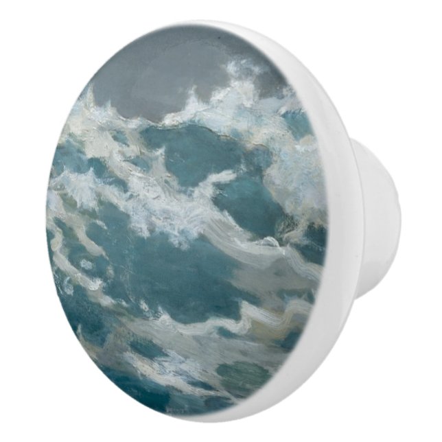 Crashing Ocean Storm Wave Aqua Museum Oil Painting Ceramic Knob (Right)