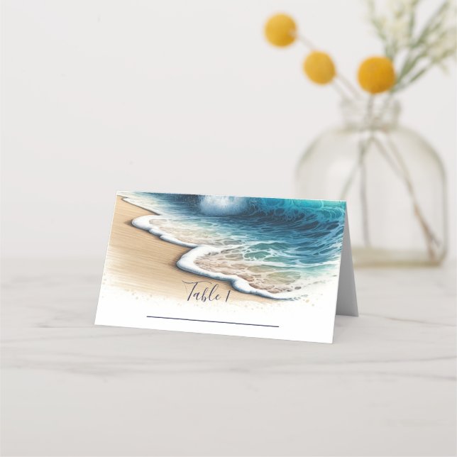 Crashing Ocean Waves Coastal Beach Wedding Seating Place Card (Front)