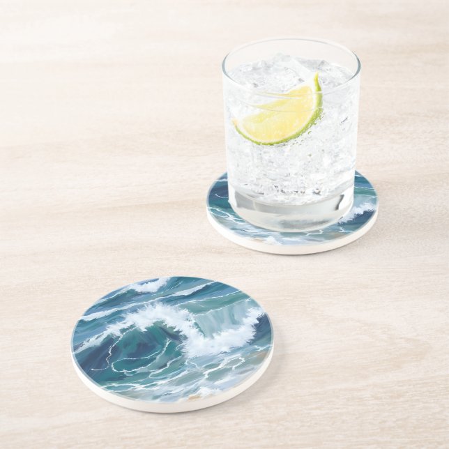 Crashing Ocean Waves | Coastal Blue Watercolor Coaster (Side)