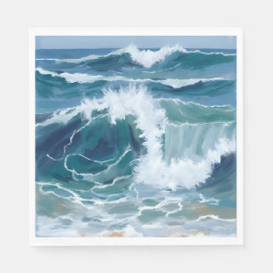 Crashing Ocean Waves Coastal Blue Watercolor Napkin