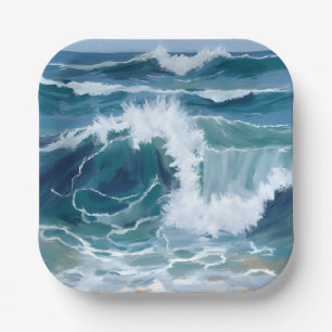 Crashing Ocean Waves Coastal Blue Watercolor Paper Plate