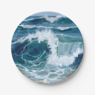 Crashing Ocean Waves Coastal Blue Watercolor Paper Plate