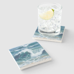 Crashing Ocean Waves Coastal Blue Watercolor Stone Coaster