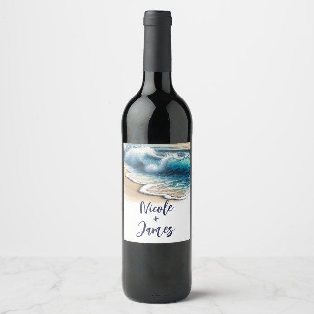 Crashing Ocean Waves Rustic Coastal Beach Wedding Wine Label (Front)