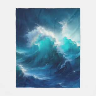 Crashing Ocean Waves Turbulent Blue Turquoise  Fleece Blanket