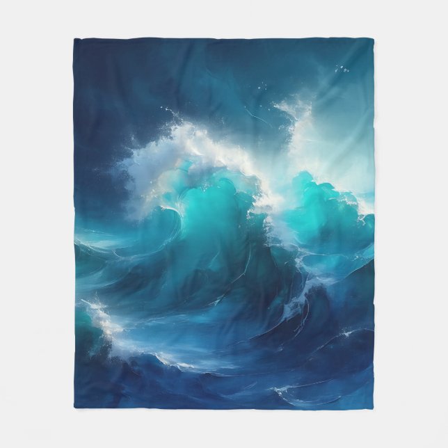 Crashing Ocean Waves Turbulent Blue Turquoise  Fleece Blanket (Front)