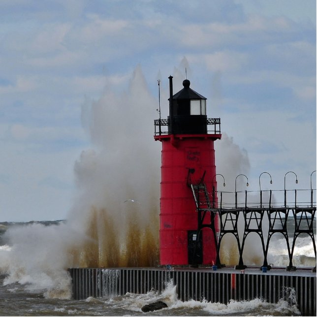 Crashing Water on South Haven Lighthouse Standing Photo Sculpture (Front)