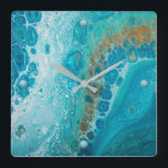 Crashing Wave Square Wall Clock<br><div class="desc">10.75” x 10.75” acrylic wall clock with an image of aqua,  blue and brown fluid art resembling a crashing wave. Turquoise orbs mark the 12,  3,  6 and 9 positions. See the entire Under the Sea Clock collection in the DÉCOR | Clocks section.</div>