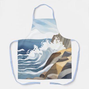 Crashing Waves Rocky Coastal Shore Watercolor Apron
