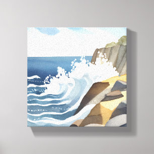 Crashing Waves Rocky Coastal Shore Watercolor Canvas Print