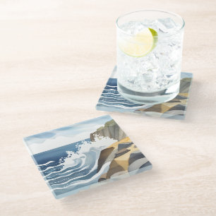 Crashing Waves Rocky Coastal Shore Watercolor Glass Coaster