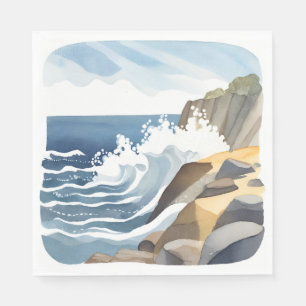 Crashing Waves Rocky Coastal Shore Watercolor Napkin