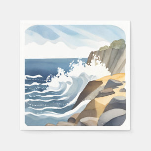 Crashing Waves Rocky Coastal Shore Watercolor Napkin