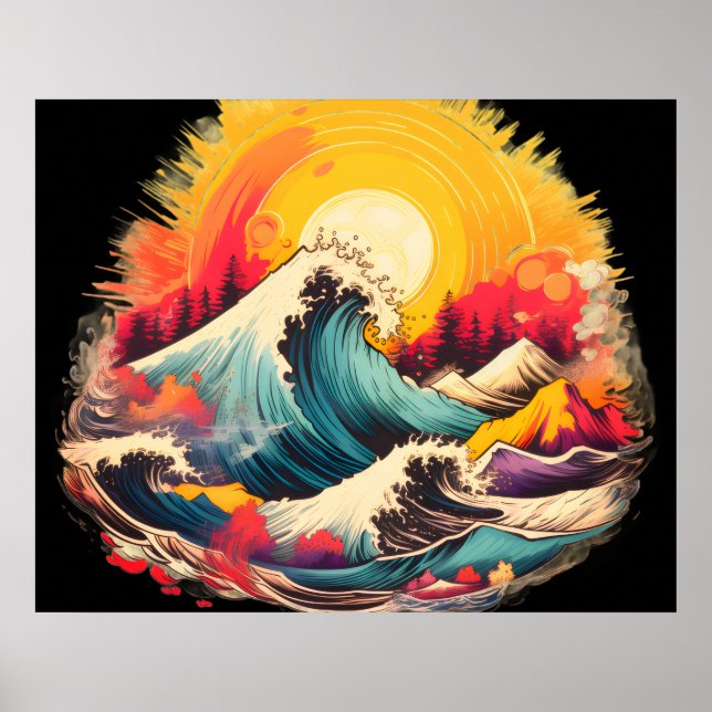 Crashing Waves Under a Golden Sunset Art Wall   Poster (Front)