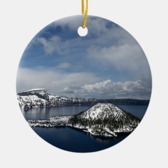 Crater Lake and Wizard Island Ceramic Tree Decoration (Front)