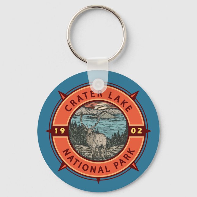 Crater Lake National Park Elk Retro Compass Emblem Key Ring (Front)