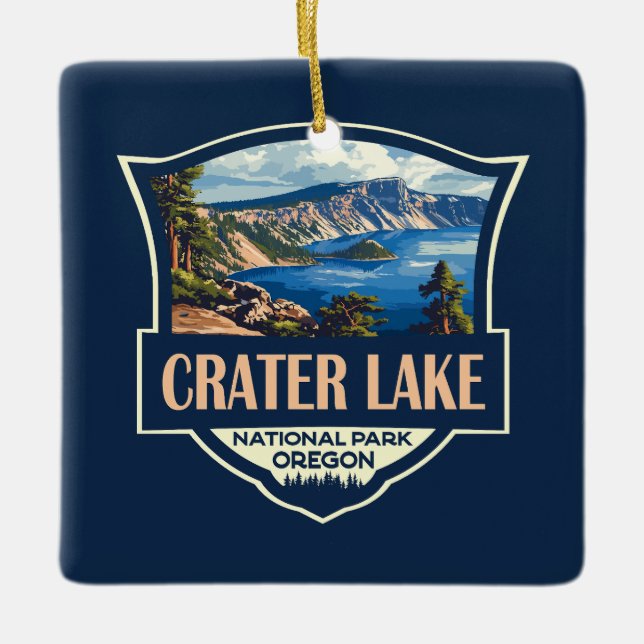 Crater Lake National Park Illustration Retro Badge Ceramic Ornament (Front)