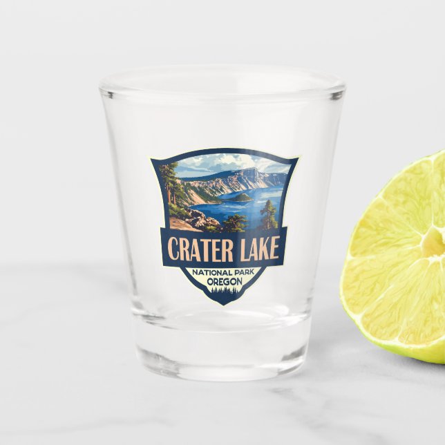 Crater Lake National Park Illustration Retro Badge Shot Glass (Front)