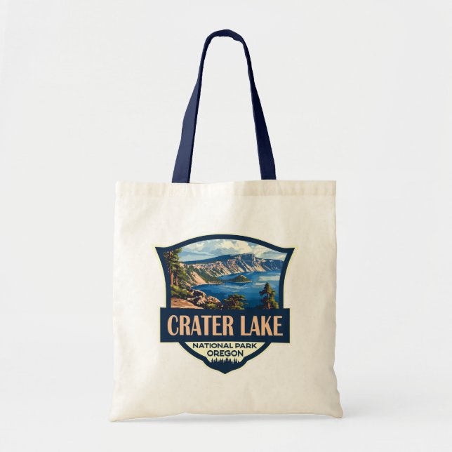 Crater Lake National Park Illustration Retro Badge Tote Bag (Front)