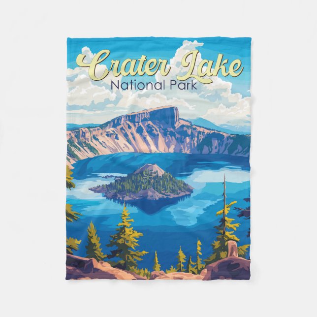 Crater Lake National Park Illustration Travel Art Fleece Blanket (Front)
