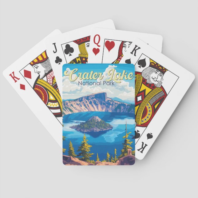 Crater Lake National Park Illustration Travel Art Playing Cards (Back)