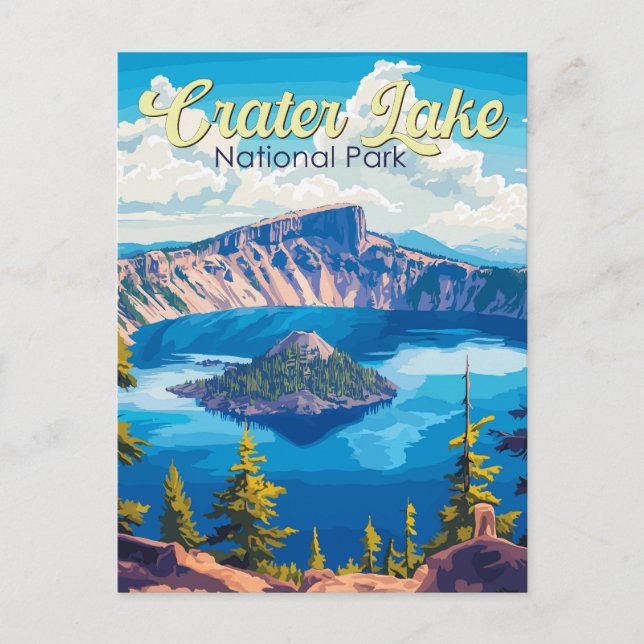 Crater Lake National Park Illustration Travel Art Postcard (Front)