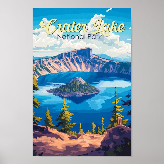 Crater Lake National Park Illustration Travel Art Poster (Front)