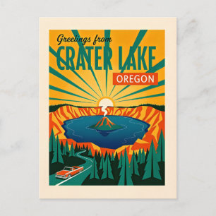Crater Lake OR Retro Whimsical Art Colour Postcard