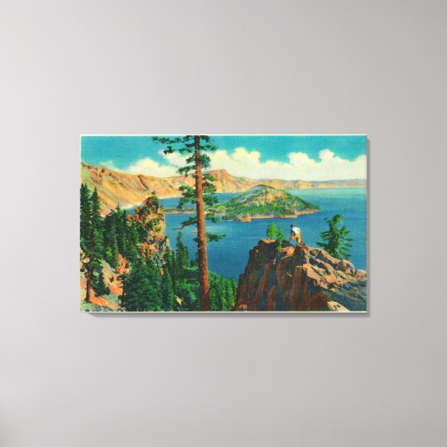 Crater Lake showing Wizard Island in distance Canvas Print (Front)