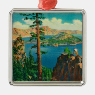 Crater Lake showing Wizard Island in distance Metal Tree Decoration