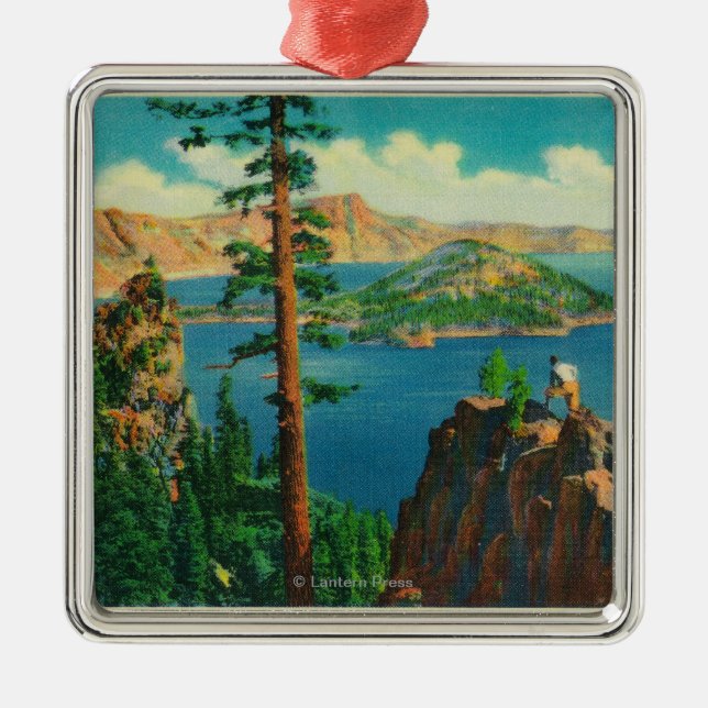 Crater Lake showing Wizard Island in distance Metal Tree Decoration (Front)