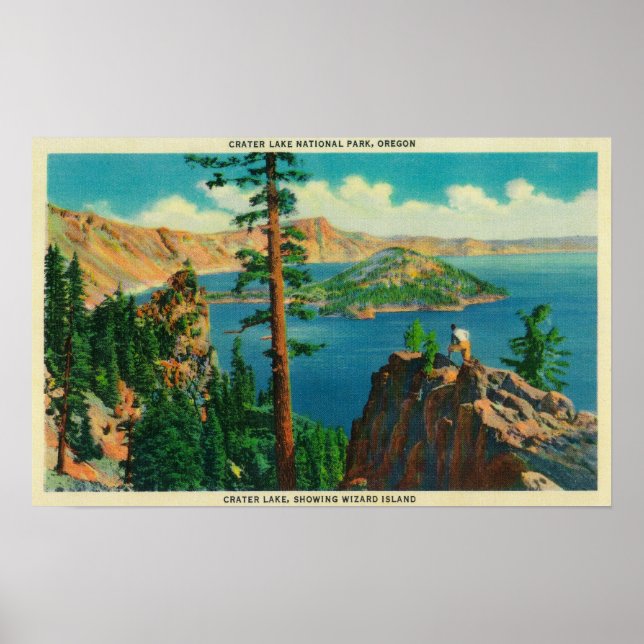 Crater Lake showing Wizard Island in distance Poster (Front)