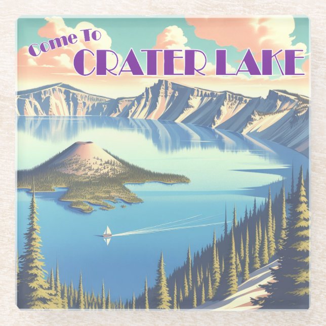 Crater Lake Vintage Poster Glass Coaster (Front)