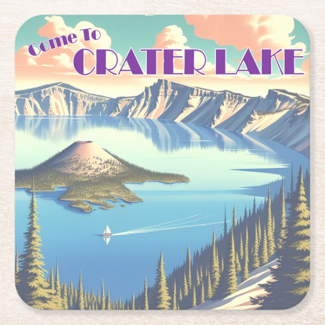 Crater Lake Vintage Poster Square Paper Coaster (Front)