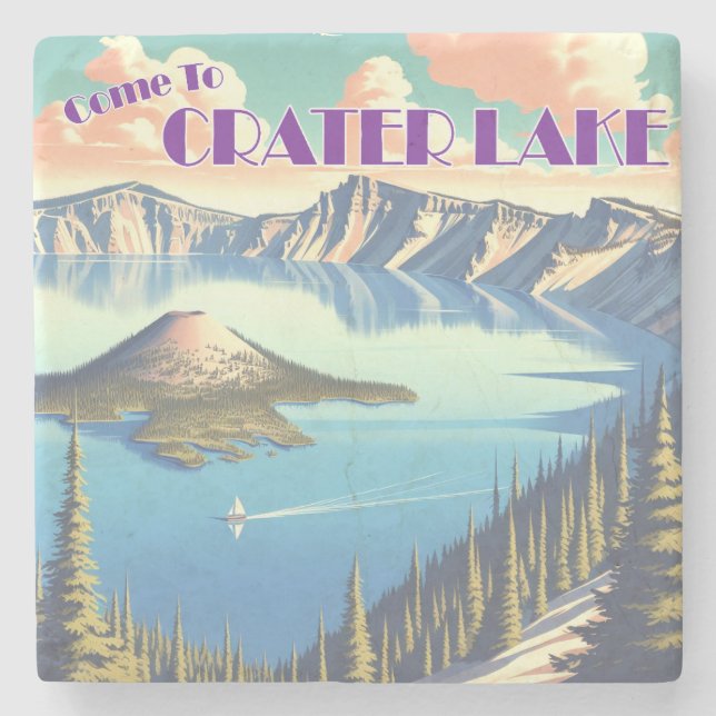 Crater Lake Vintage Poster Stone Coaster (Front)