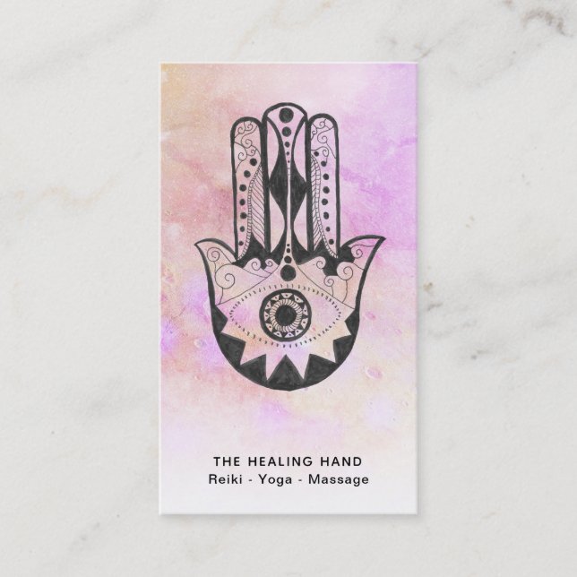 *~* Crater of Moon Hamsa Hand of Fatima Yoga Peach Business Card (Front)