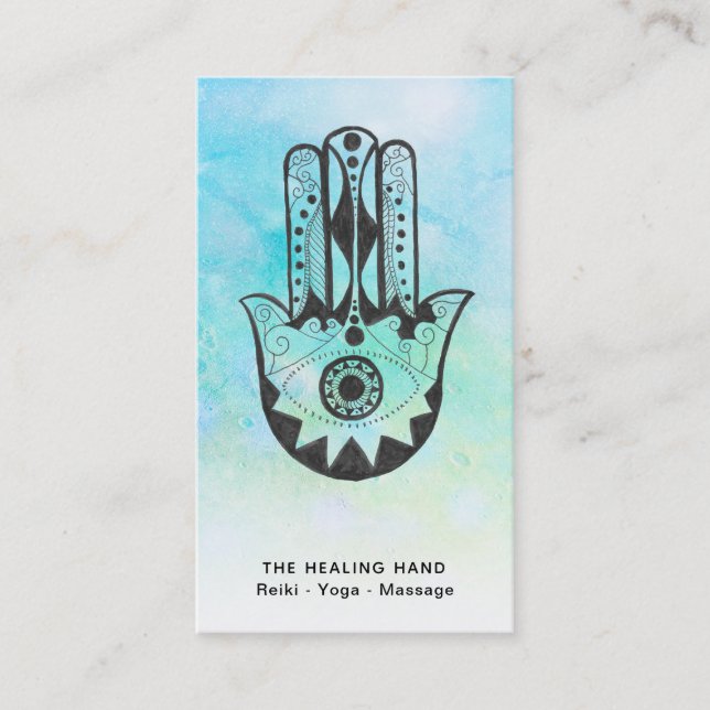 *~* Craters of Moon Hamsa Hand of Fatima Blue Yoga Business Card (Front)