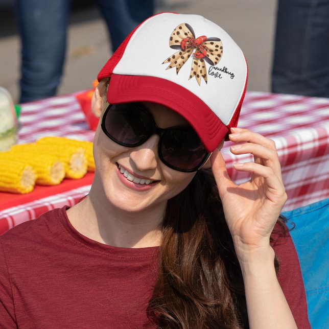 Crawfish and Leopard Print Coquette Bow Trucker Hat (Mudbug season trucker hat you can customize.  Cute crawfish on leopard bow for all things bayou. )