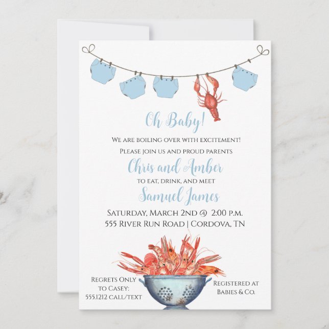 Crawfish Baby Boyd Diaper Shower Invitation (Front)