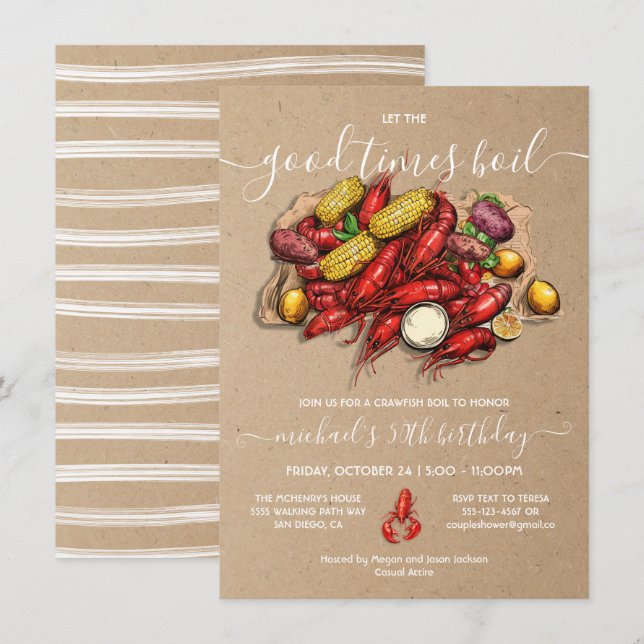 Crawfish Boil Birthday Kraft Woodcut Invitation (Front/Back)