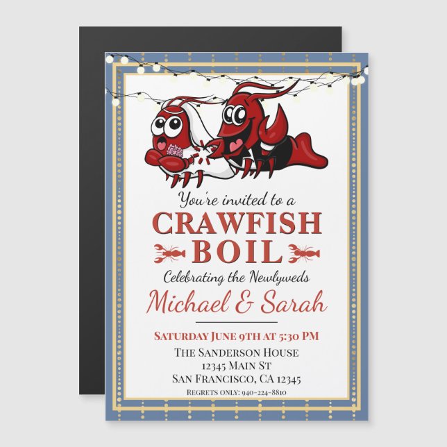 Crawfish Boil Blue Gold Newlywed Engagement Magnetic Invitation (Front/Back)