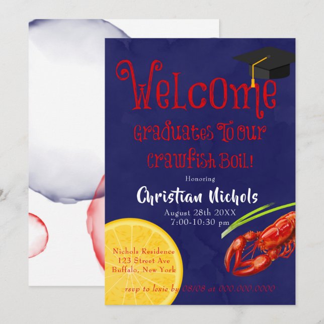Crawfish Boil Blue Graduation Party Invitation (Front/Back)