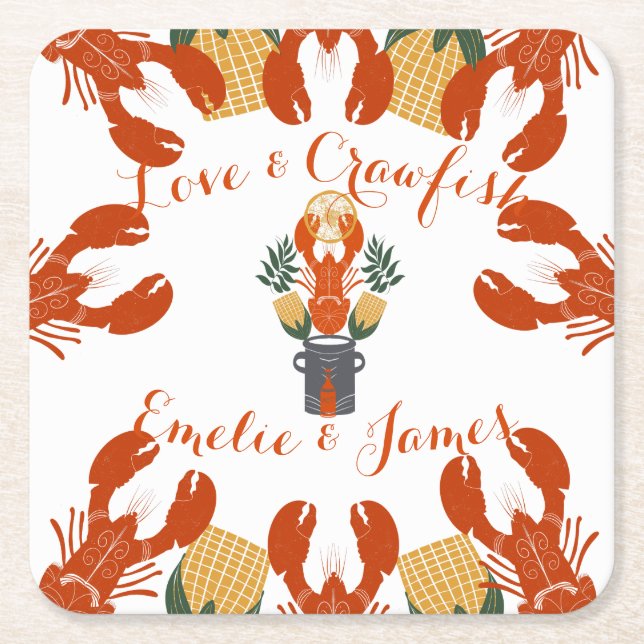 Crawfish Boil Engagement Party-Love & Crawfish Square Paper Coaster (Front)