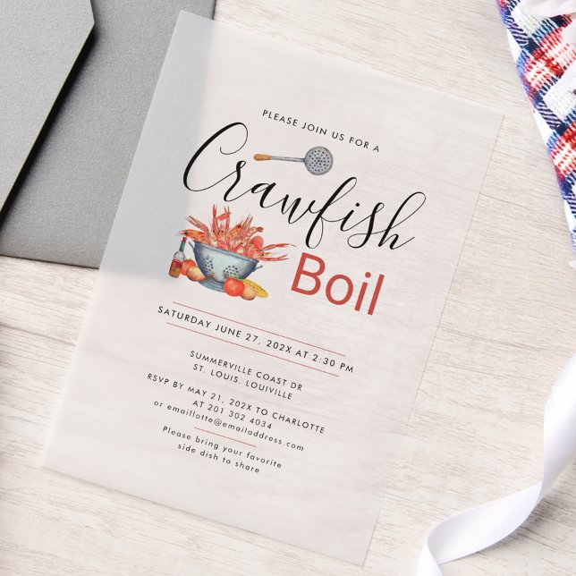 Crawfish Boil Family Cookout Seafood Party Vellum Invitations (Crawfish Boil Script Family Reunion Vellum Invitation)