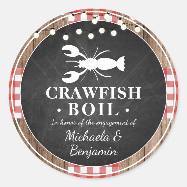 Crawfish Boil Lobster Engagement Party Rustic Classic Round Sticker (Front)