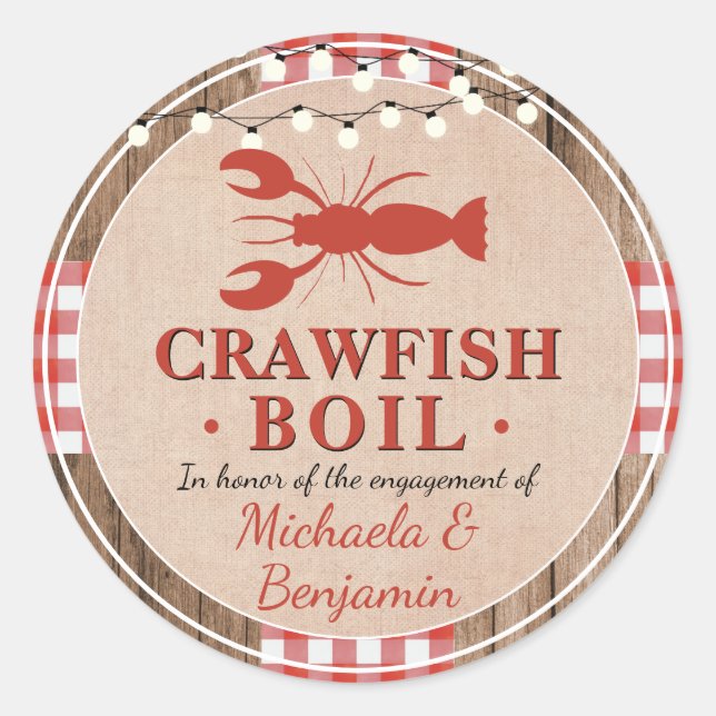 Crawfish Boil Lobster Engagement Party Rustic Classic Round Sticker (Front)