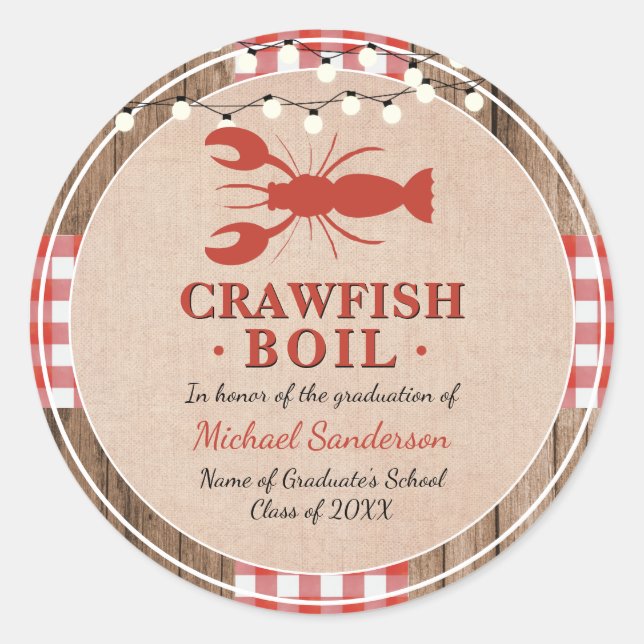 Crawfish Boil Lobster Graduation Party Rustic Classic Round Sticker (Front)