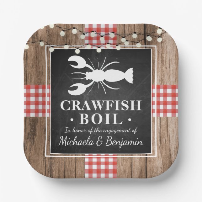Crawfish Boil Lobster Rustic Wood Engagement Party Paper Plate (Front)